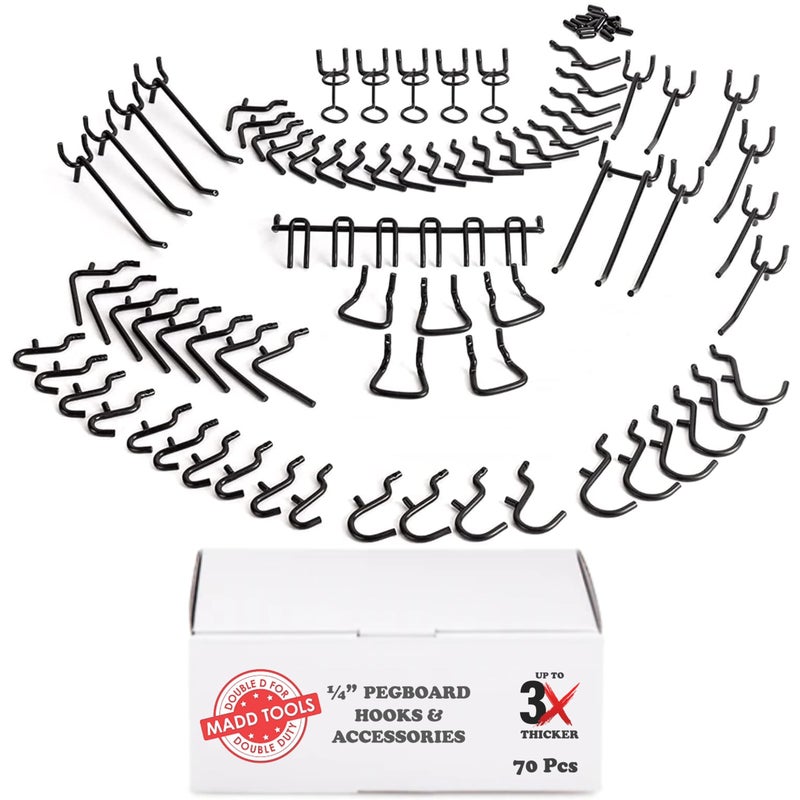 MADD TOOLS DOUBLE D FOR DOUBLE DUTY Extra Thick Black 1/4'' Pegboard Hooks for Hanging Tools, Set of 70 Pieces 1/4'' Black Peg Board Accessories Peg Hooks, Peg Board Attachments for Tools Organization - Image 1